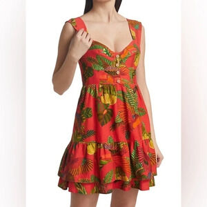 Farm Rio Red Forest Birds Tiered Hem Pockets Mini Dress - NEW - Size Medium